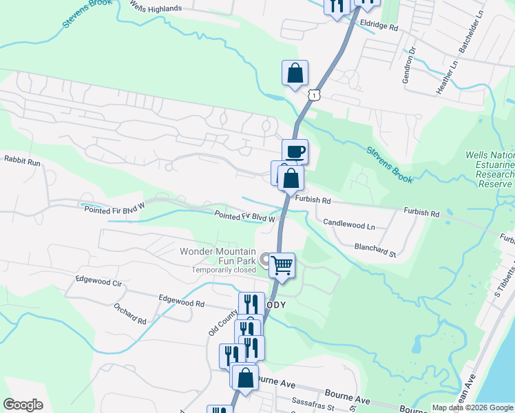 map of restaurants, bars, coffee shops, grocery stores, and more near 51 Winding Brook Lane in Wells
