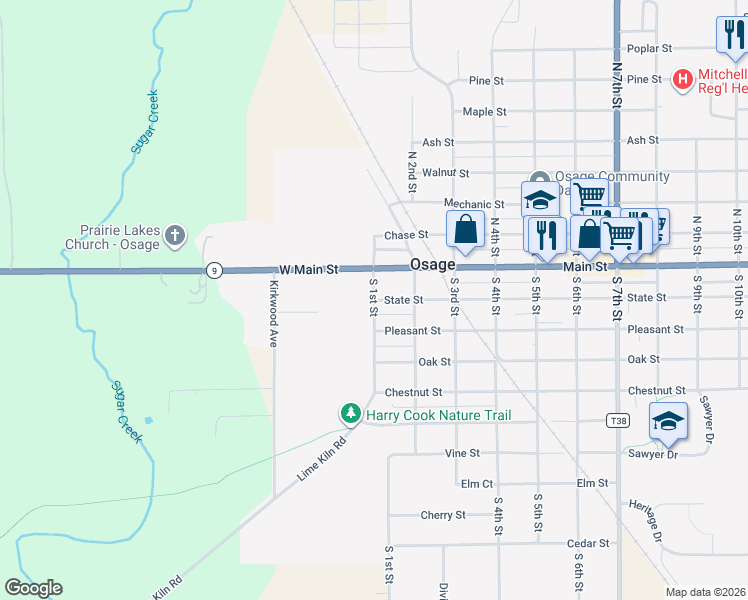 map of restaurants, bars, coffee shops, grocery stores, and more near 200 South 1st Street in Osage