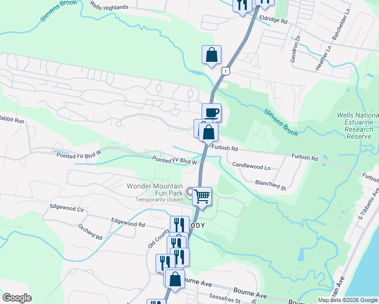 map of restaurants, bars, coffee shops, grocery stores, and more near 51 Winding Brook Lane in Wells