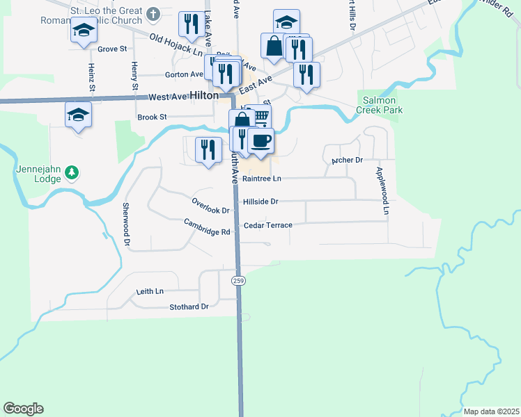 map of restaurants, bars, coffee shops, grocery stores, and more near 4 Cedar Terrace in Hilton