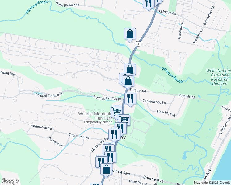 map of restaurants, bars, coffee shops, grocery stores, and more near Winding Brook Lane in Wells