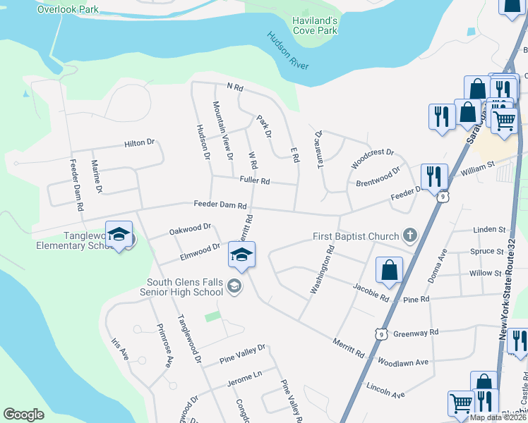 map of restaurants, bars, coffee shops, grocery stores, and more near 63 Merritt Road in South Glens Falls