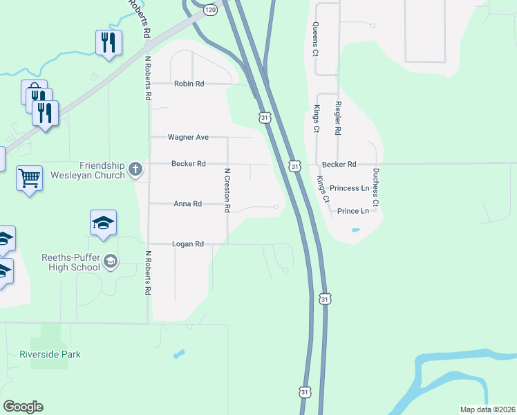 map of restaurants, bars, coffee shops, grocery stores, and more near 1489 Destiny Drive in Muskegon