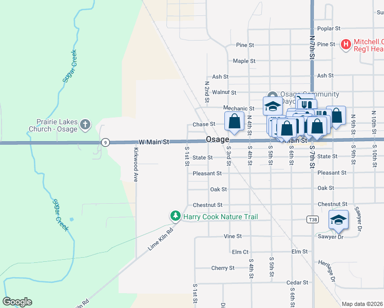 map of restaurants, bars, coffee shops, grocery stores, and more near 200-298 S 1st St in Osage