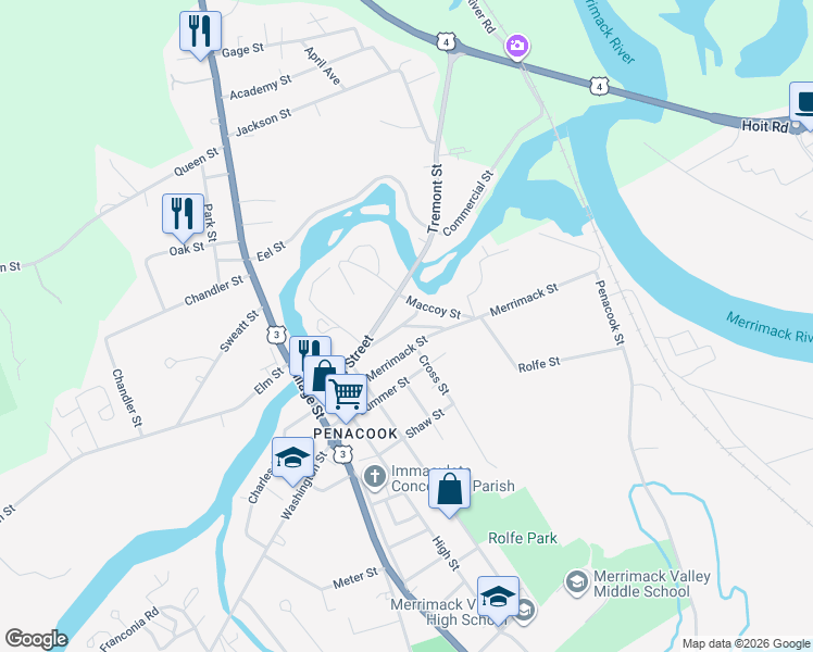 map of restaurants, bars, coffee shops, grocery stores, and more near 3 Maccoy Street in Concord