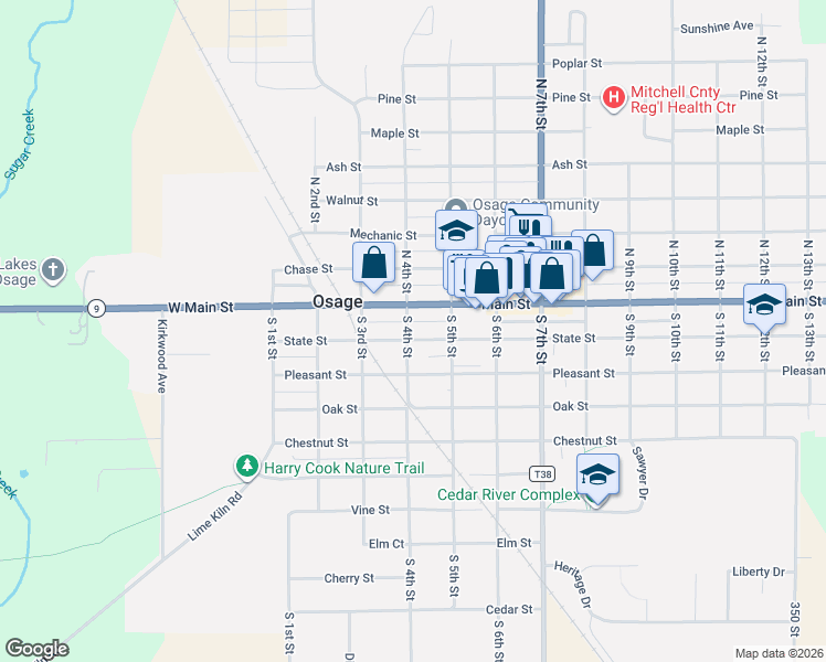 map of restaurants, bars, coffee shops, grocery stores, and more near 400-498 Main St in Osage