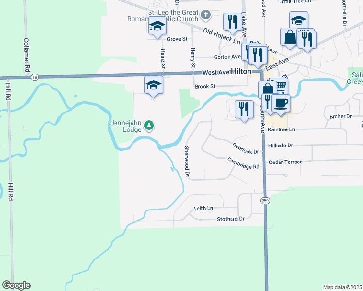 map of restaurants, bars, coffee shops, grocery stores, and more near 163 Sherwood Drive in Hilton
