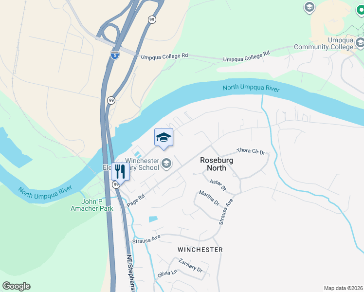 map of restaurants, bars, coffee shops, grocery stores, and more near 381 Pioneer Way in Roseburg North