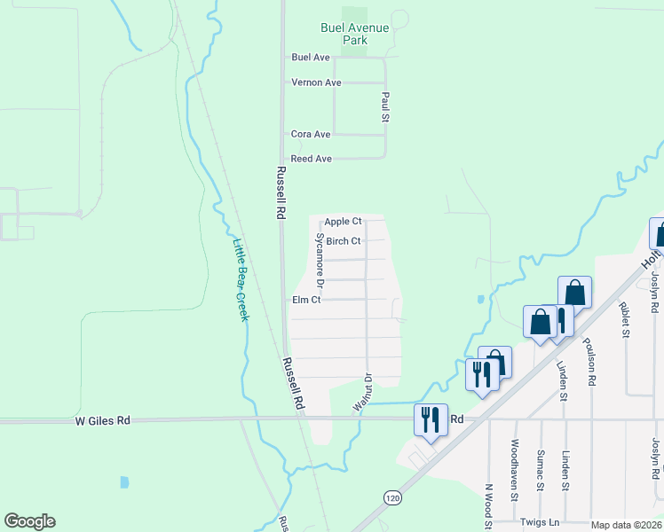 map of restaurants, bars, coffee shops, grocery stores, and more near 73 Birch Court in Muskegon