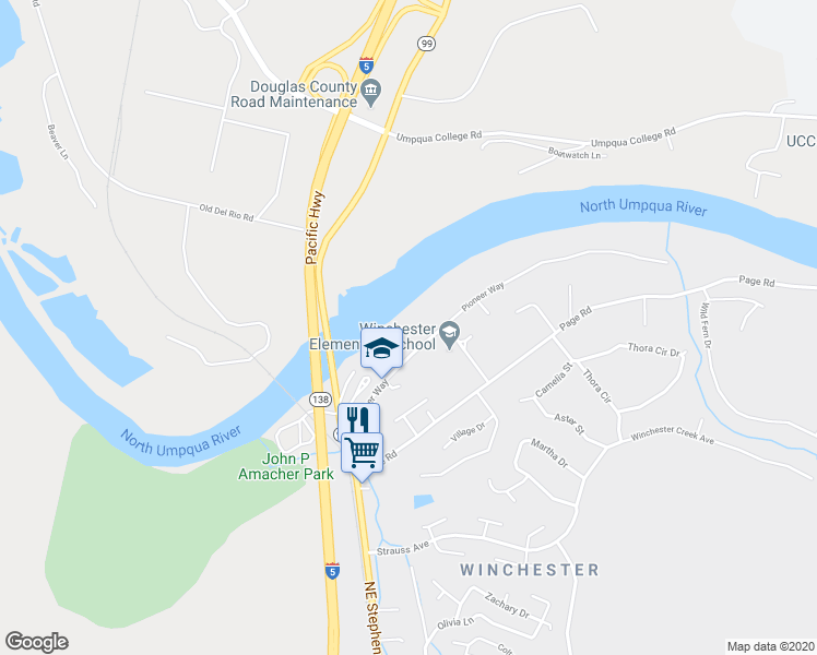 map of restaurants, bars, coffee shops, grocery stores, and more near 234 Pioneer Way in Roseburg North