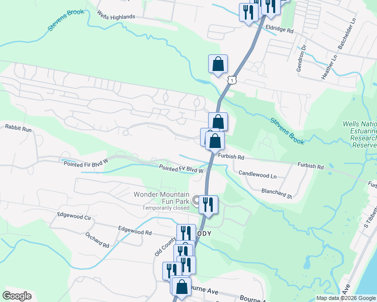 map of restaurants, bars, coffee shops, grocery stores, and more near Winding Brook Lane in Wells