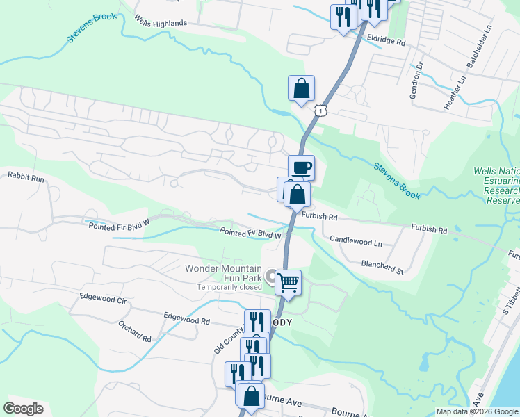 map of restaurants, bars, coffee shops, grocery stores, and more near Winding Brook Lane in Wells