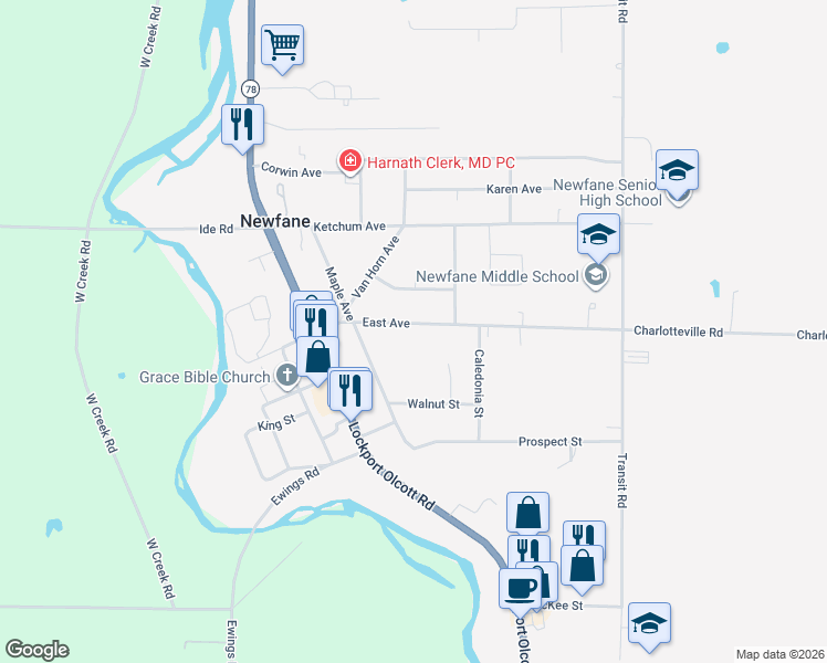 map of restaurants, bars, coffee shops, grocery stores, and more near 6085 East Avenue in Newfane