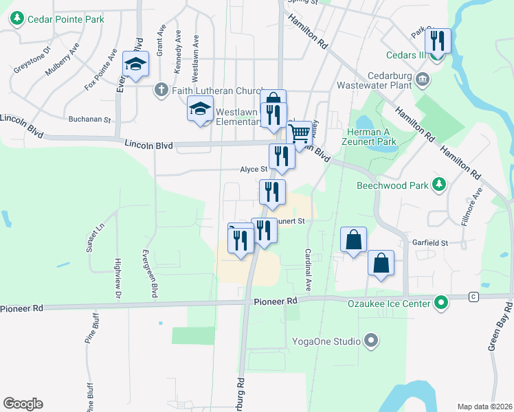 map of restaurants, bars, coffee shops, grocery stores, and more near 204 Washington Avenue in Cedarburg