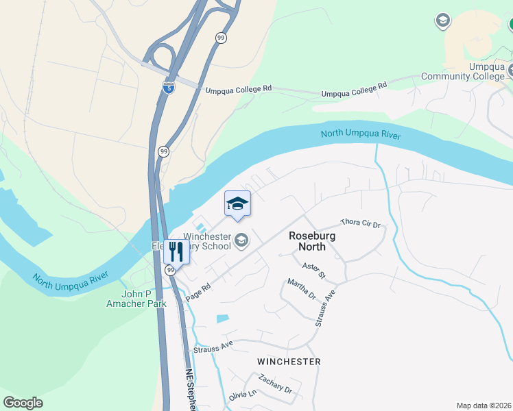 map of restaurants, bars, coffee shops, grocery stores, and more near 381 Pioneer Way in Roseburg North