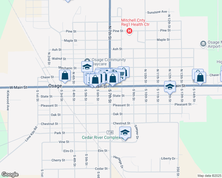 map of restaurants, bars, coffee shops, grocery stores, and more near 708 Main Street in Osage