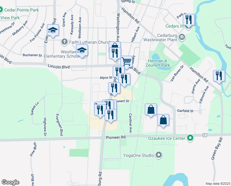 map of restaurants, bars, coffee shops, grocery stores, and more near 204 Washington Avenue in Cedarburg