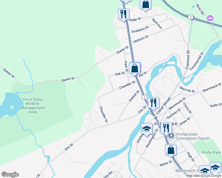 map of restaurants, bars, coffee shops, grocery stores, and more near 3 Prospect Street in Boscawen