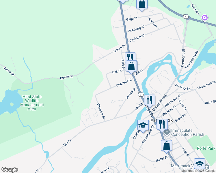 map of restaurants, bars, coffee shops, grocery stores, and more near 3 Prospect Street in Boscawen