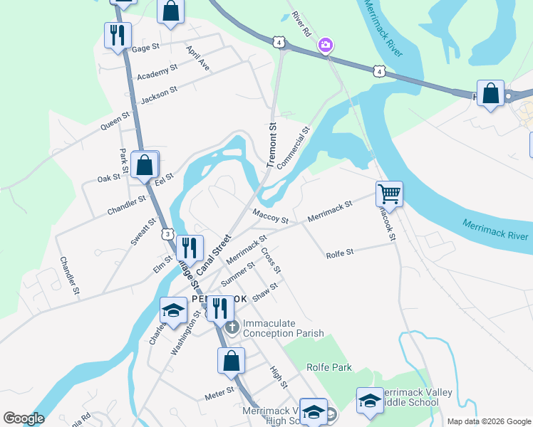 map of restaurants, bars, coffee shops, grocery stores, and more near 3 Maccoy Street in Concord