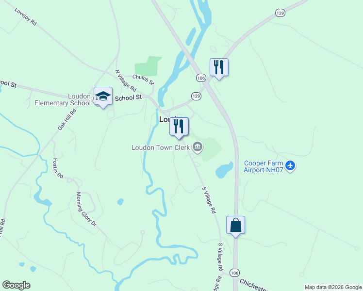 map of restaurants, bars, coffee shops, grocery stores, and more near 47 South Village Road in Loudon