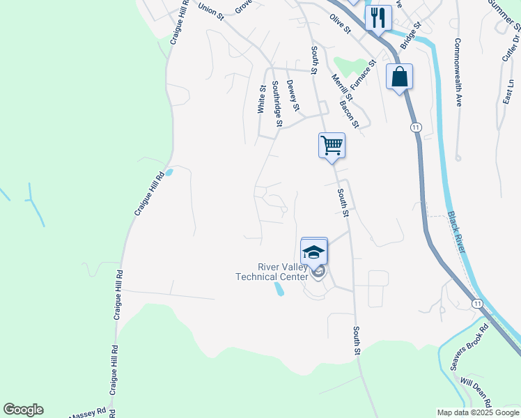 map of restaurants, bars, coffee shops, grocery stores, and more near 105 Mountain View Drive in Springfield