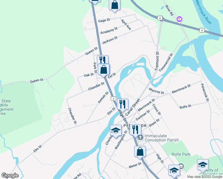 map of restaurants, bars, coffee shops, grocery stores, and more near 36 North Main Street in Boscawen