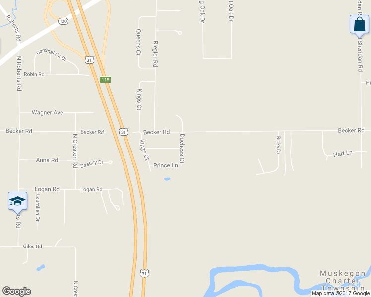 map of restaurants, bars, coffee shops, grocery stores, and more near 1740 Duchess Court in Muskegon