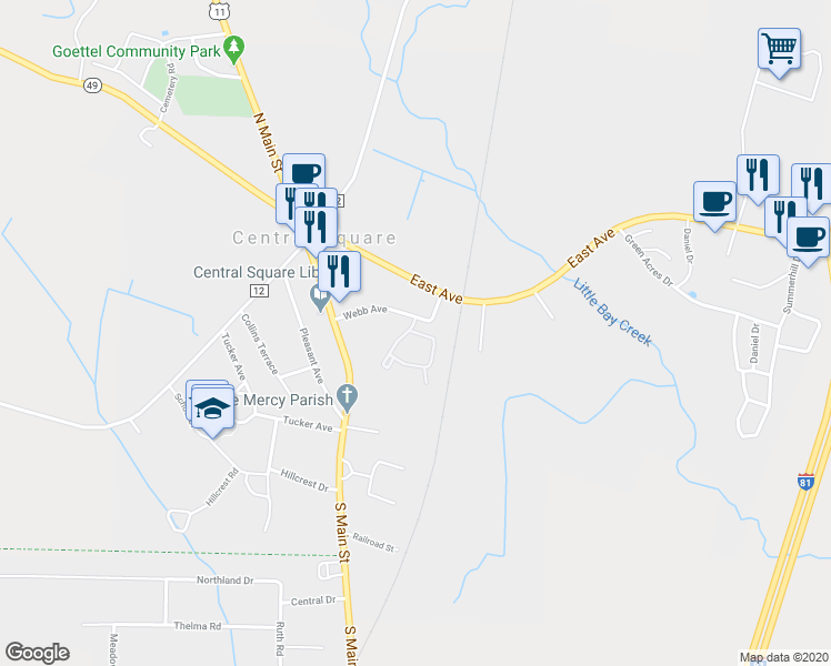 map of restaurants, bars, coffee shops, grocery stores, and more near Meadowview Drive in Central Square