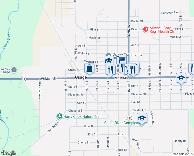 map of restaurants, bars, coffee shops, grocery stores, and more near 400 Main Street in Osage