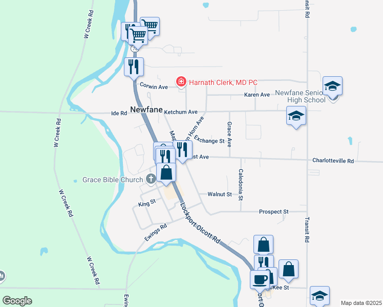 map of restaurants, bars, coffee shops, grocery stores, and more near 6065 East Avenue in Newfane