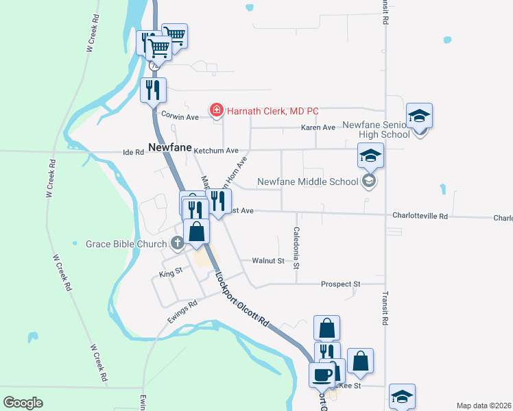 map of restaurants, bars, coffee shops, grocery stores, and more near 6085 East Avenue in Newfane