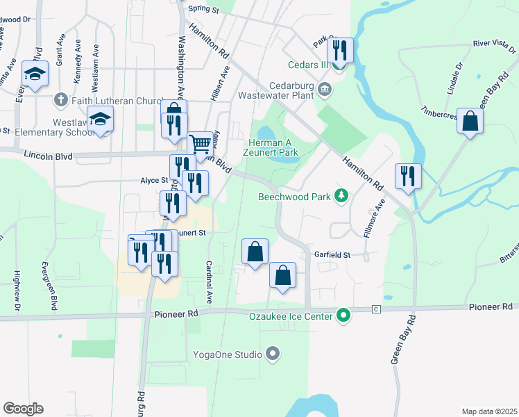 map of restaurants, bars, coffee shops, grocery stores, and more near W56N225 McKinley Boulevard in Cedarburg