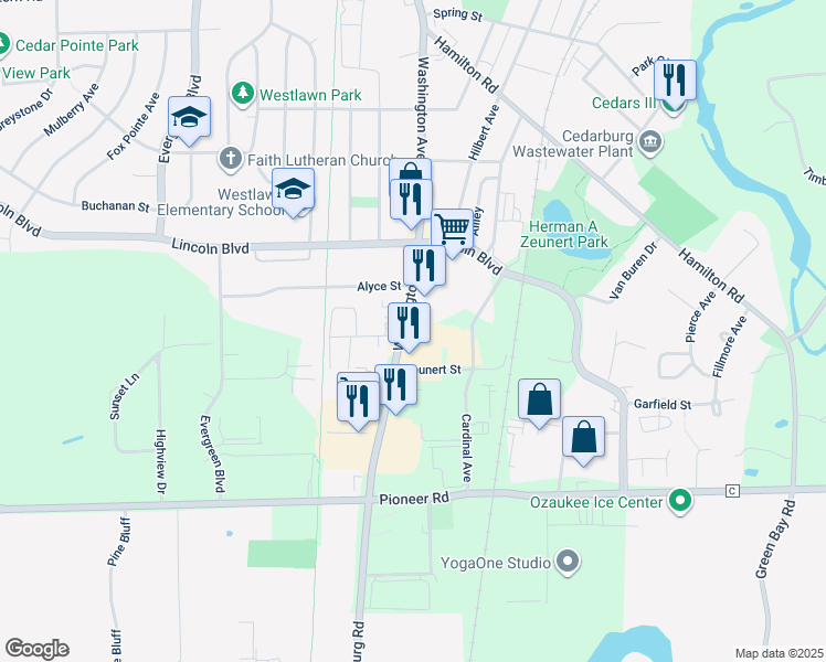 map of restaurants, bars, coffee shops, grocery stores, and more near 204 Washington Avenue in Cedarburg