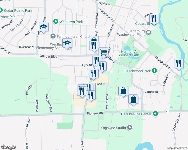 map of restaurants, bars, coffee shops, grocery stores, and more near 204 Washington Avenue in Cedarburg