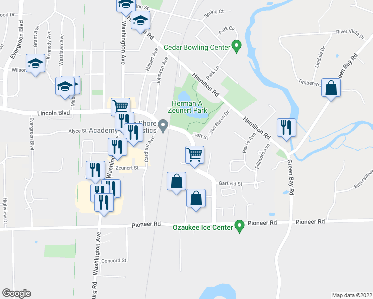 map of restaurants, bars, coffee shops, grocery stores, and more near w56n225 McKinley Boulevard in Cedarburg