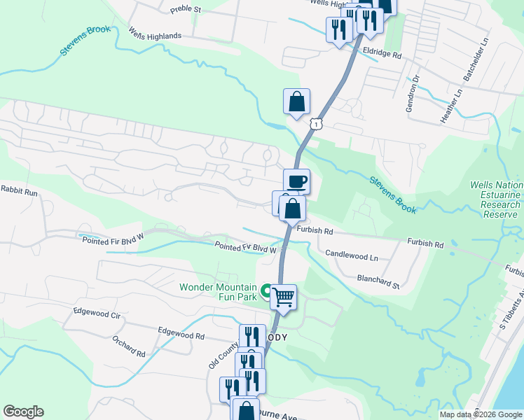 map of restaurants, bars, coffee shops, grocery stores, and more near Winding Brook Lane in Wells