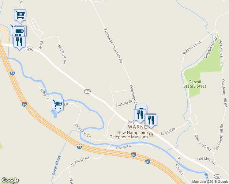 map of restaurants, bars, coffee shops, grocery stores, and more near 7 Kirtland Street in Warner