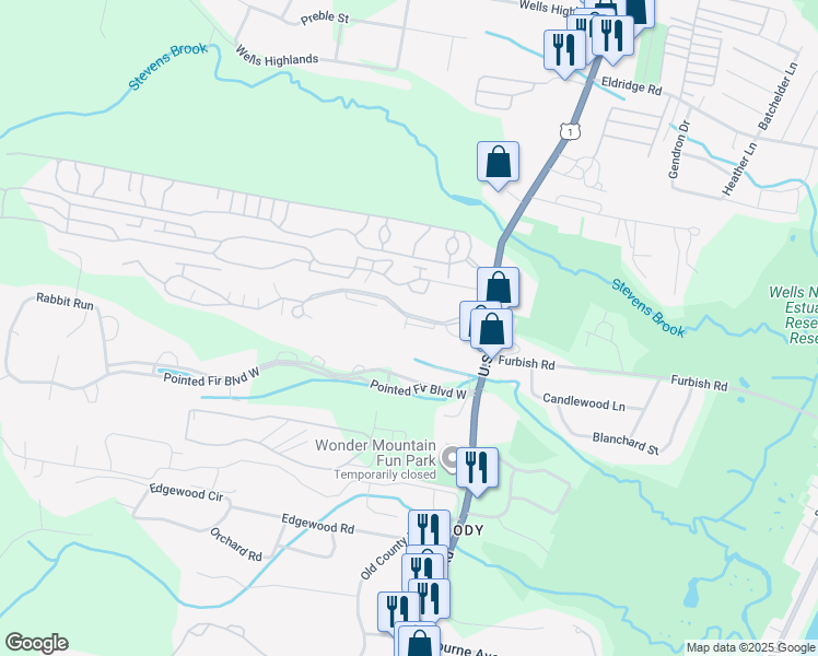 map of restaurants, bars, coffee shops, grocery stores, and more near Winding Brook Lane in Wells