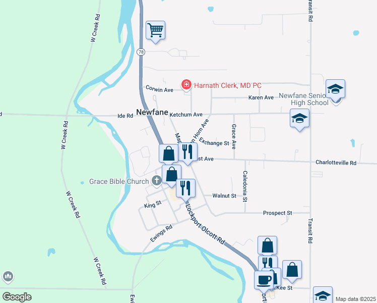 map of restaurants, bars, coffee shops, grocery stores, and more near 6065 East Avenue in Newfane