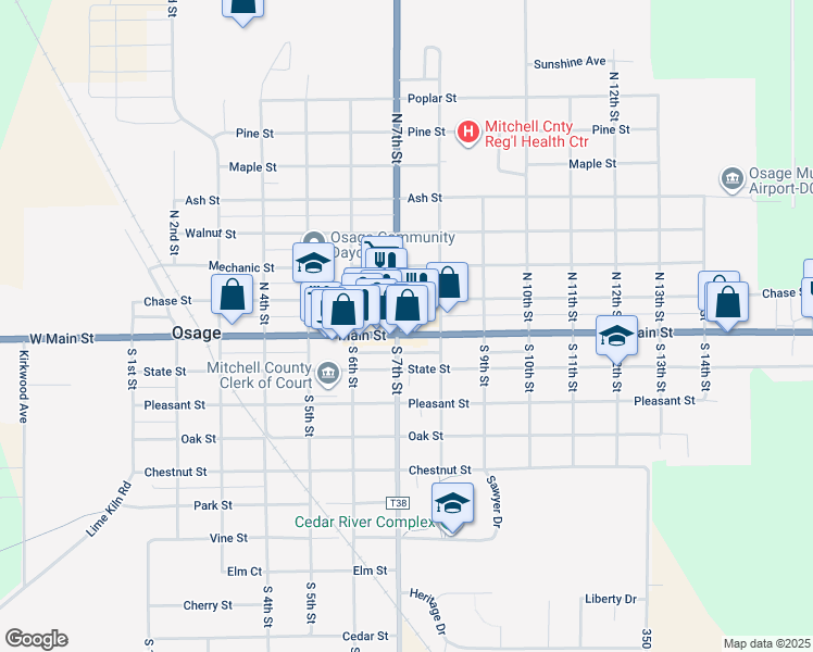 map of restaurants, bars, coffee shops, grocery stores, and more near 708 Main Street in Osage