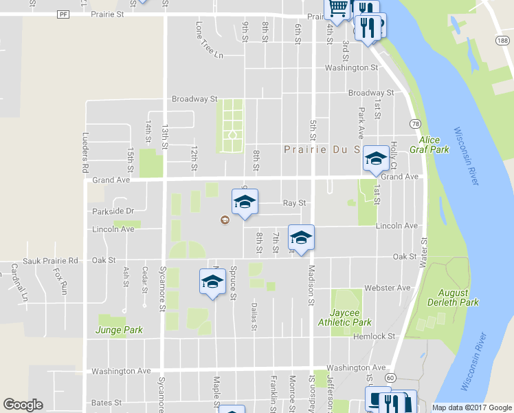 map of restaurants, bars, coffee shops, grocery stores, and more near 835 Ray Street in Prairie du Sac