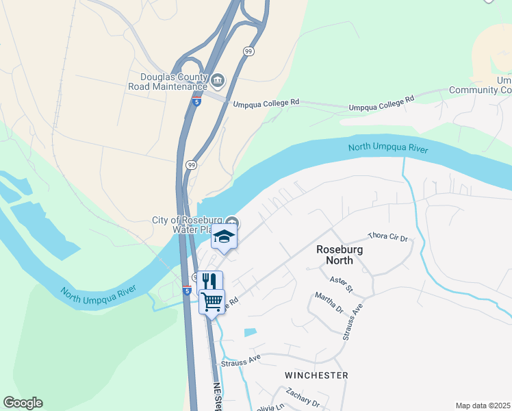 map of restaurants, bars, coffee shops, grocery stores, and more near 292 Pioneer Way in Roseburg North