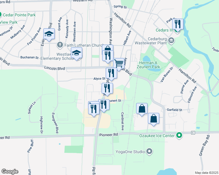 map of restaurants, bars, coffee shops, grocery stores, and more near 204 Washington Avenue in Cedarburg