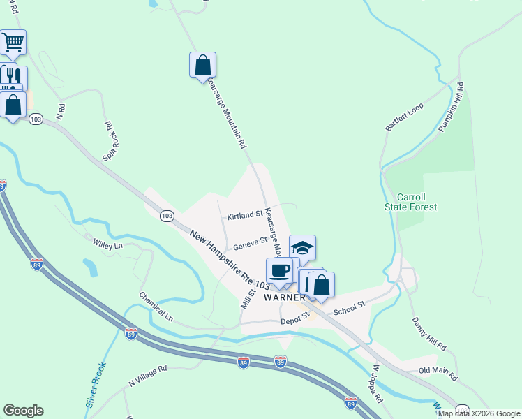 map of restaurants, bars, coffee shops, grocery stores, and more near 7 Kirtland Street in Warner