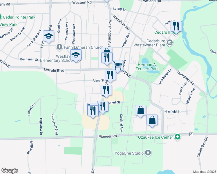 map of restaurants, bars, coffee shops, grocery stores, and more near 204 Washington Avenue in Cedarburg