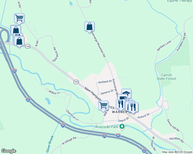 map of restaurants, bars, coffee shops, grocery stores, and more near 36 Roslyn Avenue in Warner