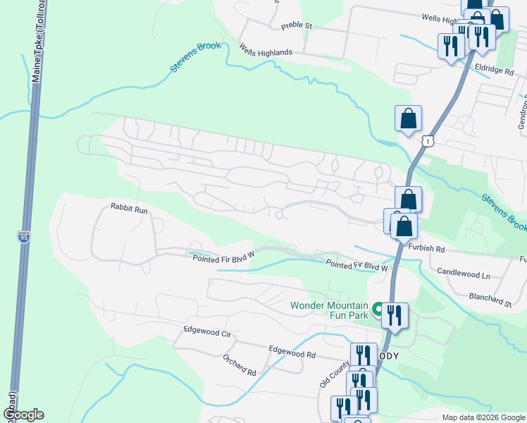 map of restaurants, bars, coffee shops, grocery stores, and more near Post Road in Wells