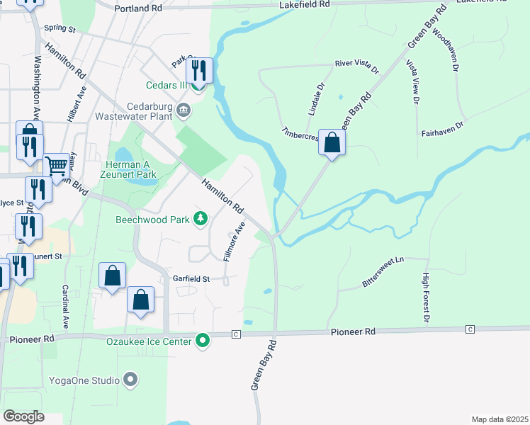 map of restaurants, bars, coffee shops, grocery stores, and more near N23W5028 Hamilton Road in Cedarburg