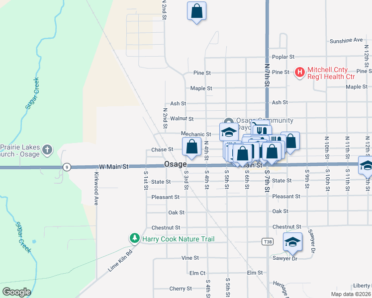 map of restaurants, bars, coffee shops, grocery stores, and more near 301 Chase Street in Osage